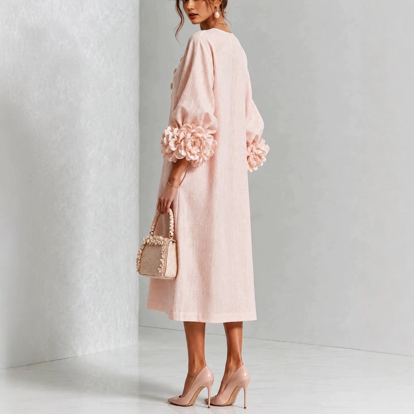 IVY | Floral Midi Dress with Rose-Cuff Sleeves