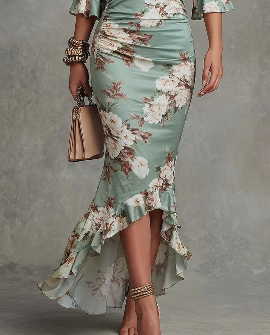Green Floral Ruffled Bell Sleeve V-neck Satin Asymmetrical Maxi Dress