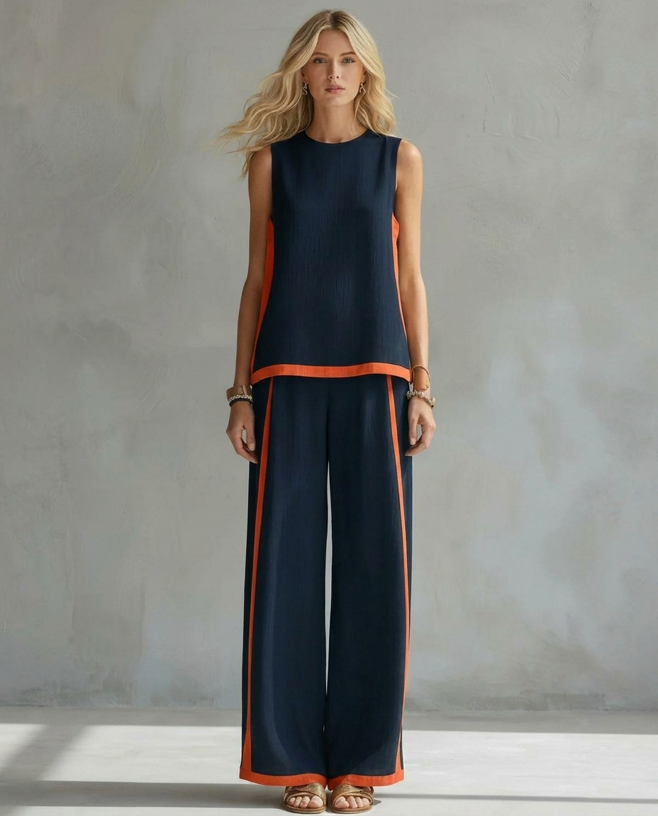 Ursula – Chic-casual vest and pants set with two-tone finishes