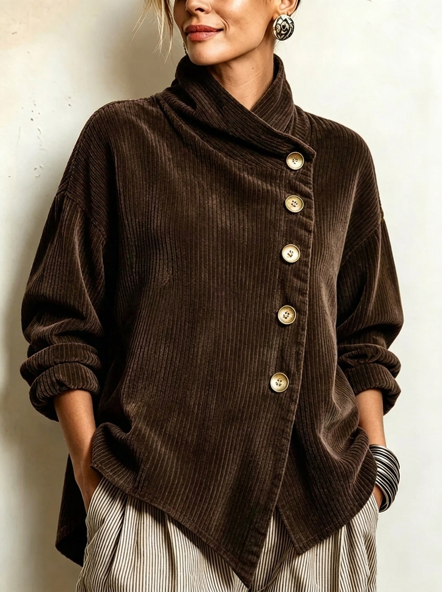 Delphine | Wrap-Collar Top with Diagonal Button Detail