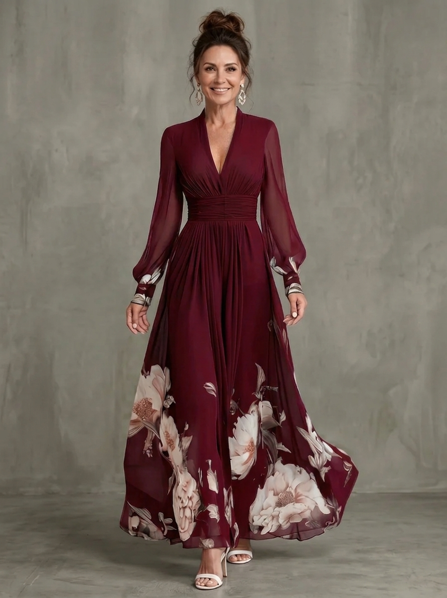 Maude™ Floral Hem Sheer Sleeve Maxi Dress