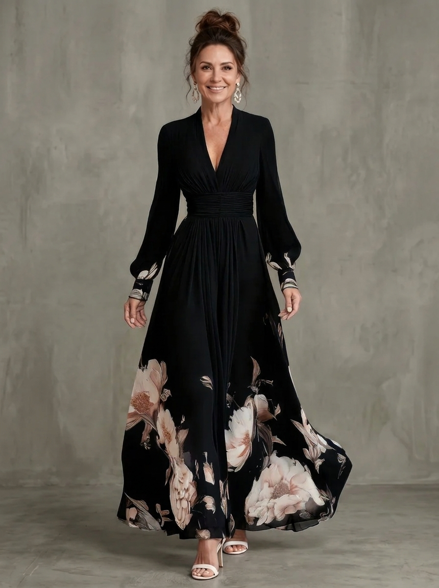 Maude™ Floral Hem Sheer Sleeve Maxi Dress