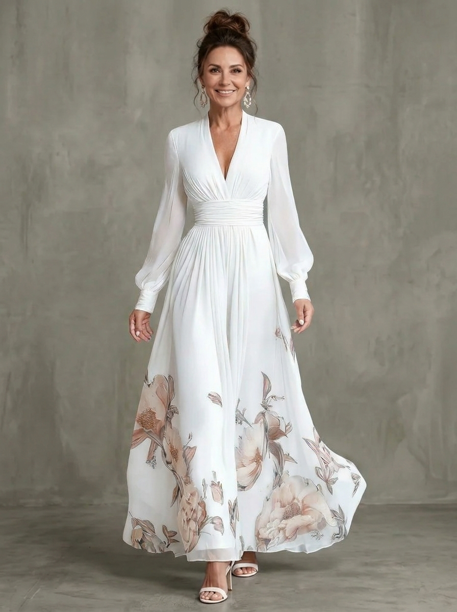 Maude™ Floral Hem Sheer Sleeve Maxi Dress