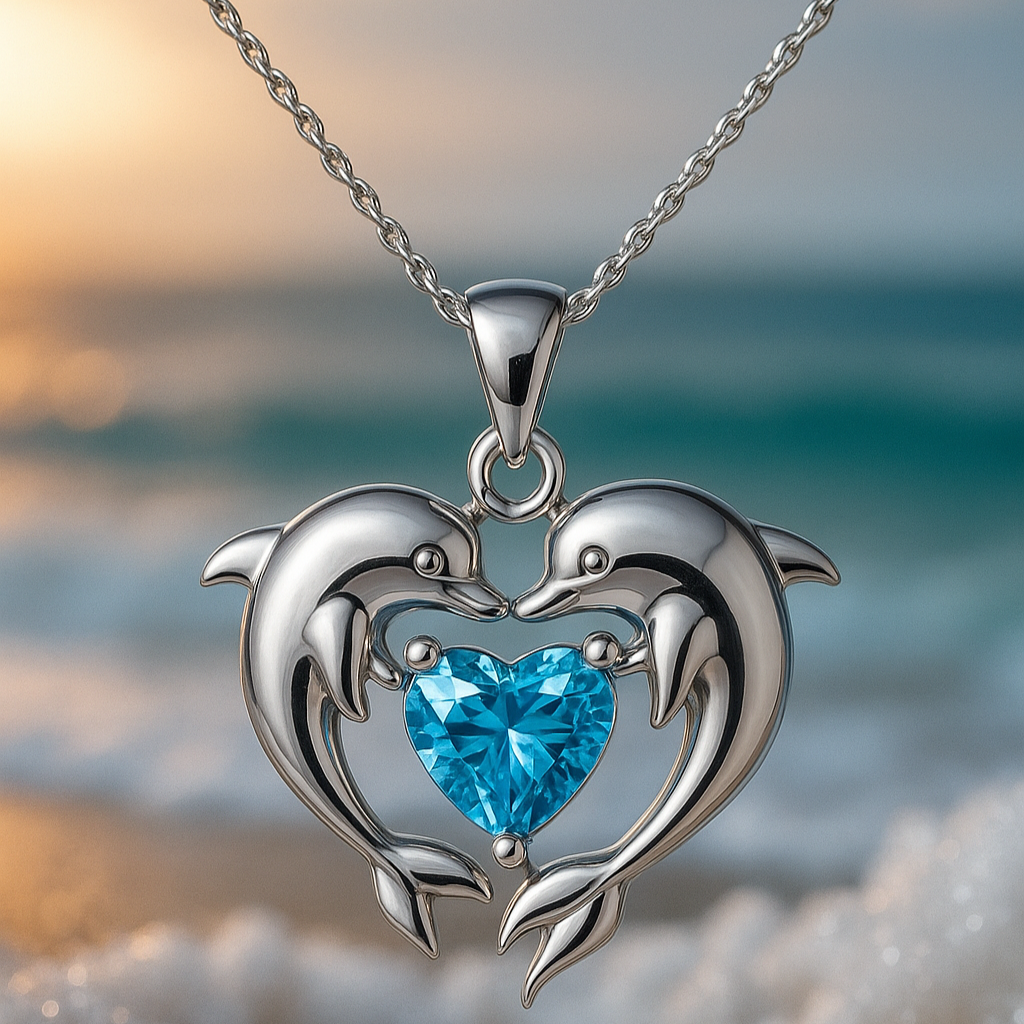 Timeless silver necklace with double dolphin and opal