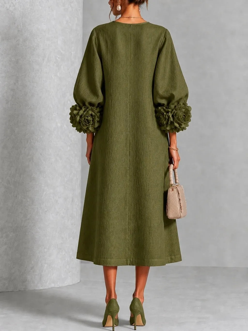 IVY | Floral Midi Dress with Rose-Cuff Sleeves