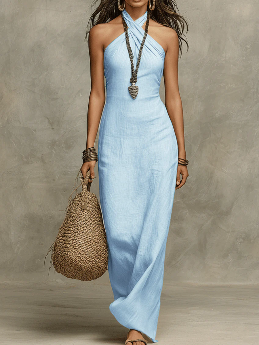 Adelina | Long Voluminous Dress in Cotton and Linen, American Collar