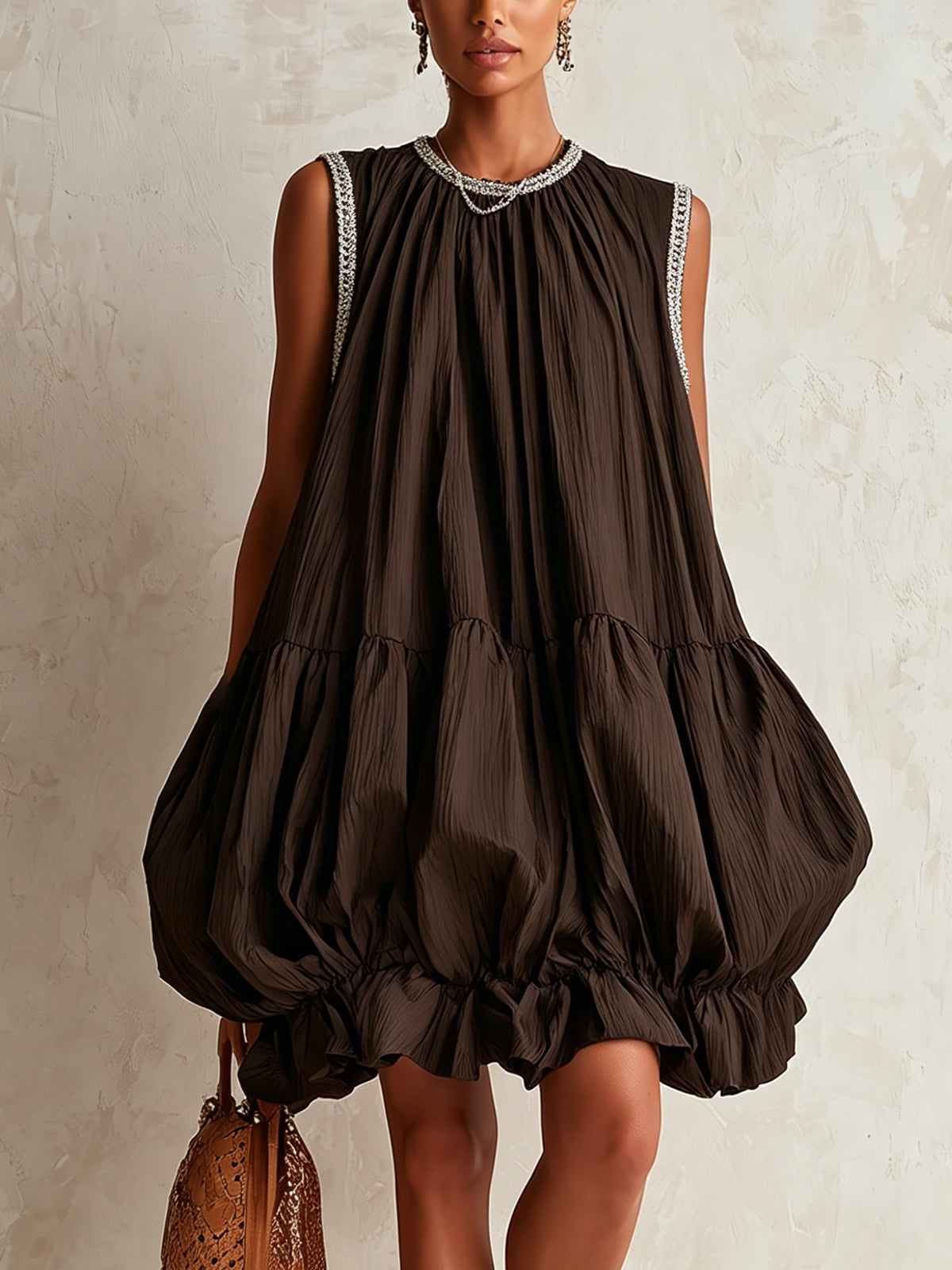 Colette | Brown Puff Hem Sleeveless Mini Dress