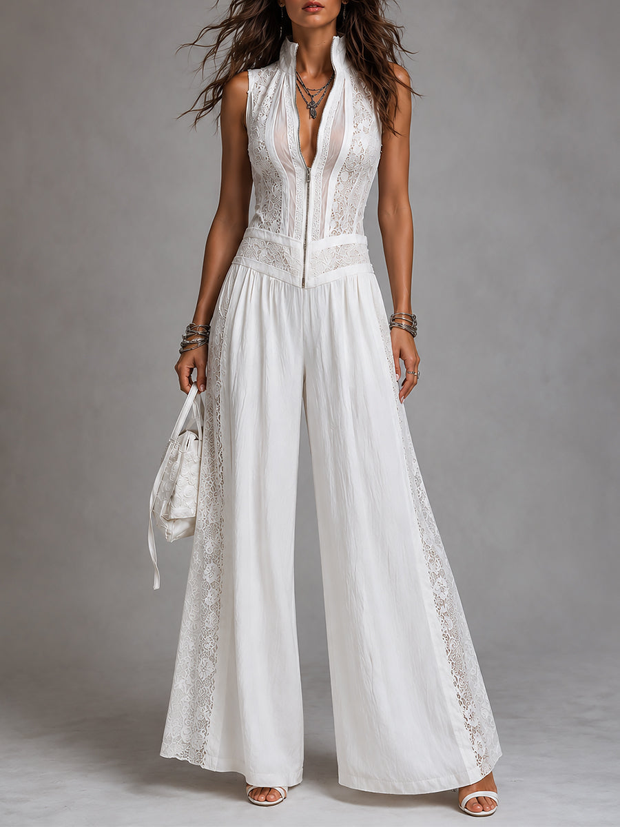 Vintage jumpsuit with high collar and wide leg with lace panels