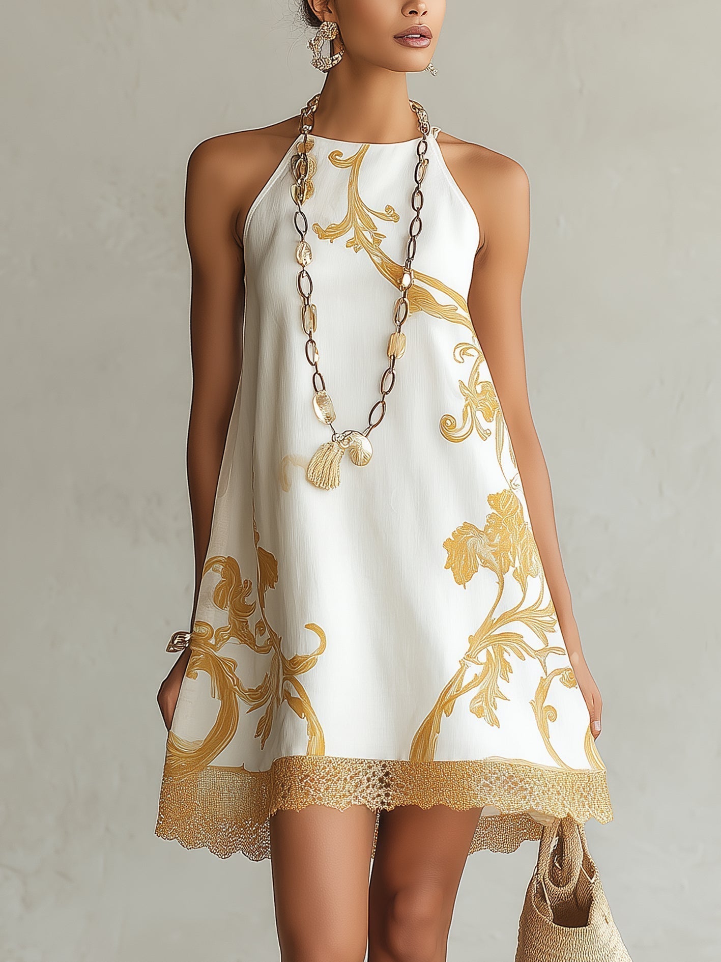 Héloïse | White Lace Mini Dress with Golden Accents