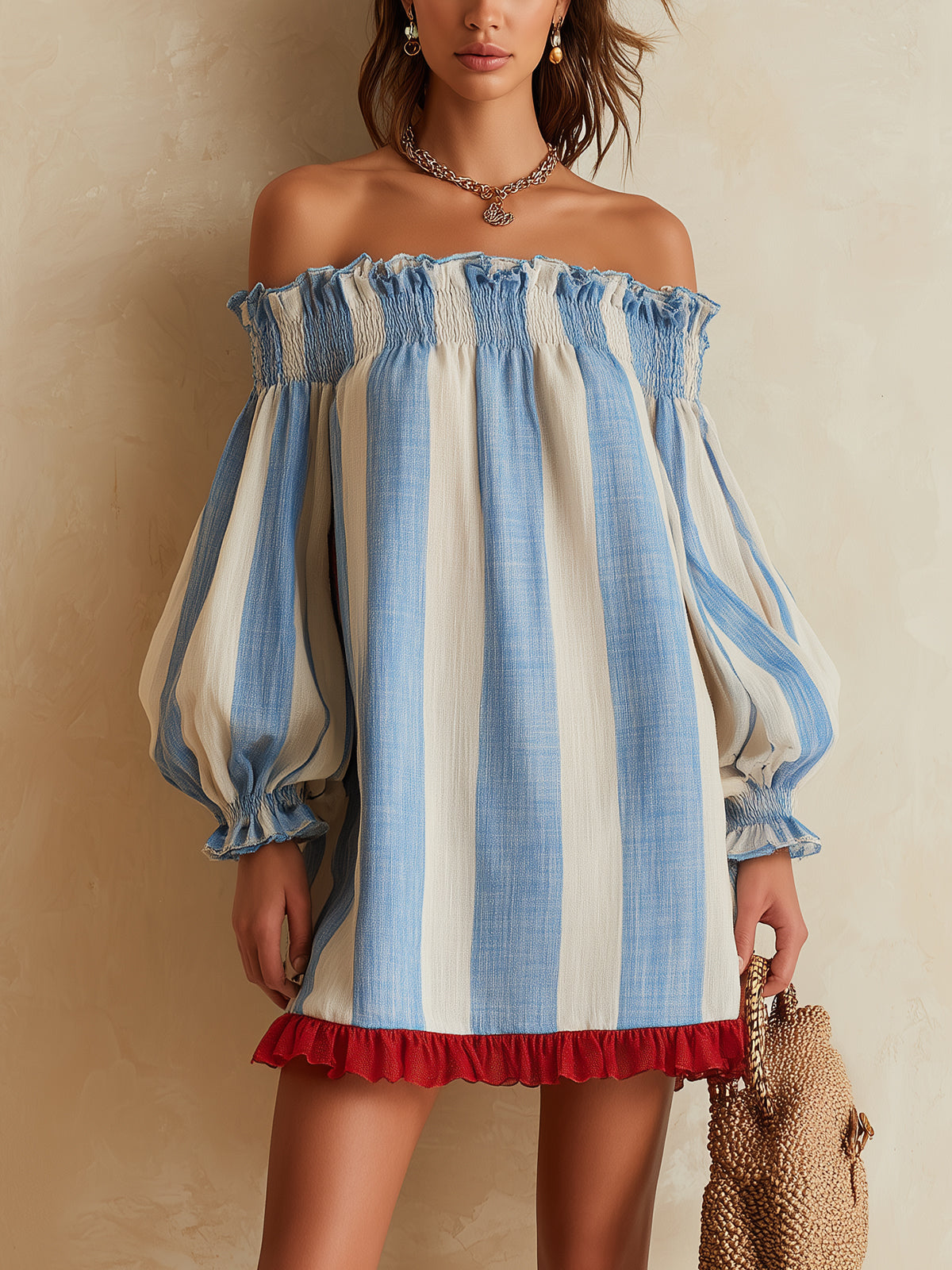 Ondine | Blue and White Striped Mini Dress with Off-the-Shoulder Style and Contrasting Hem