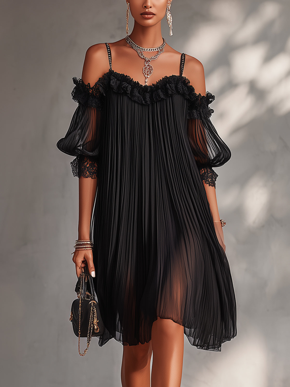 Vittoria | Black mini dress in muslin with off-shoulder design and lace edges