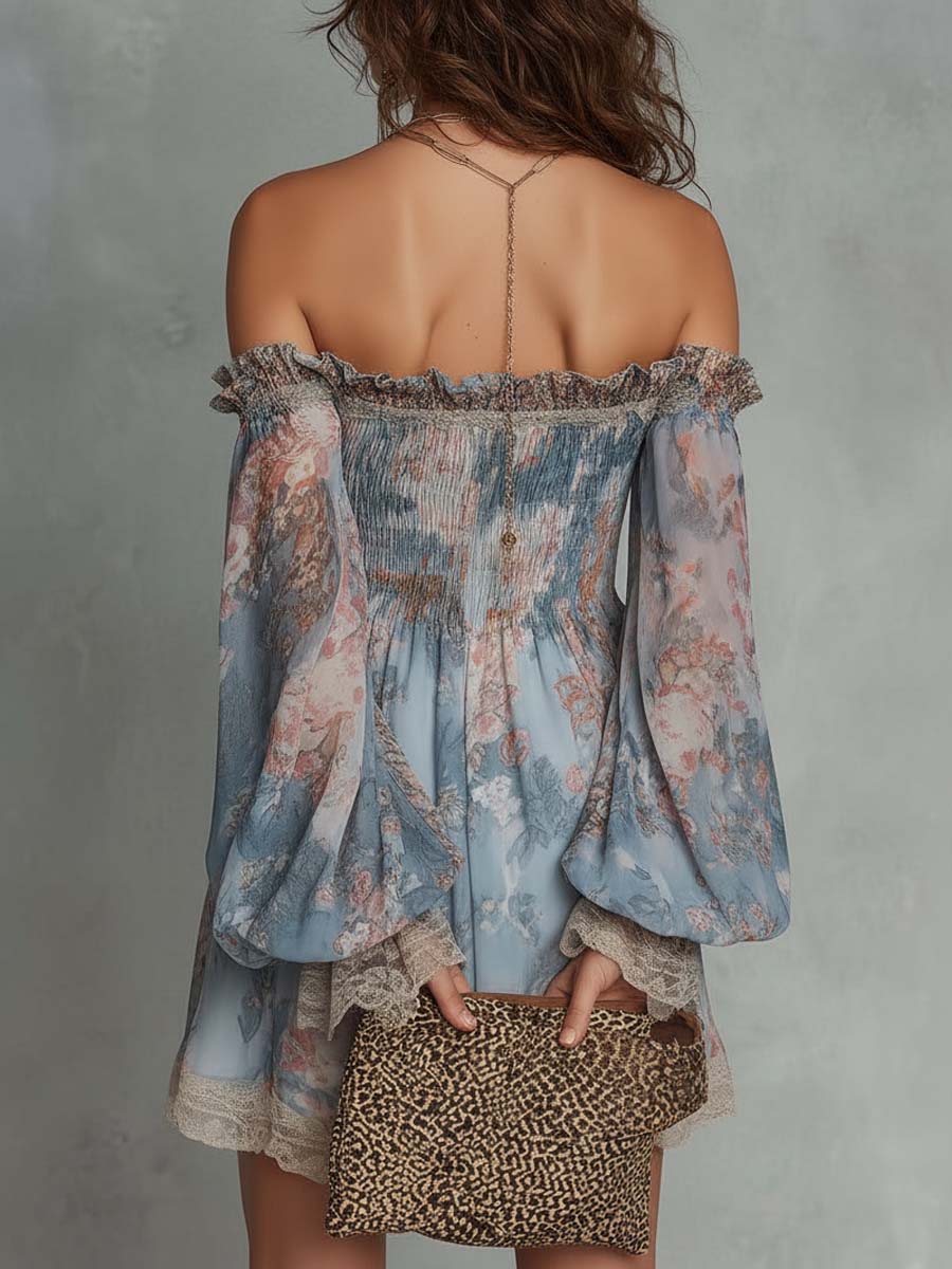 Romane | Off-Shoulder Mini Dress in Gathered Chiffon with Romantic Floral Design