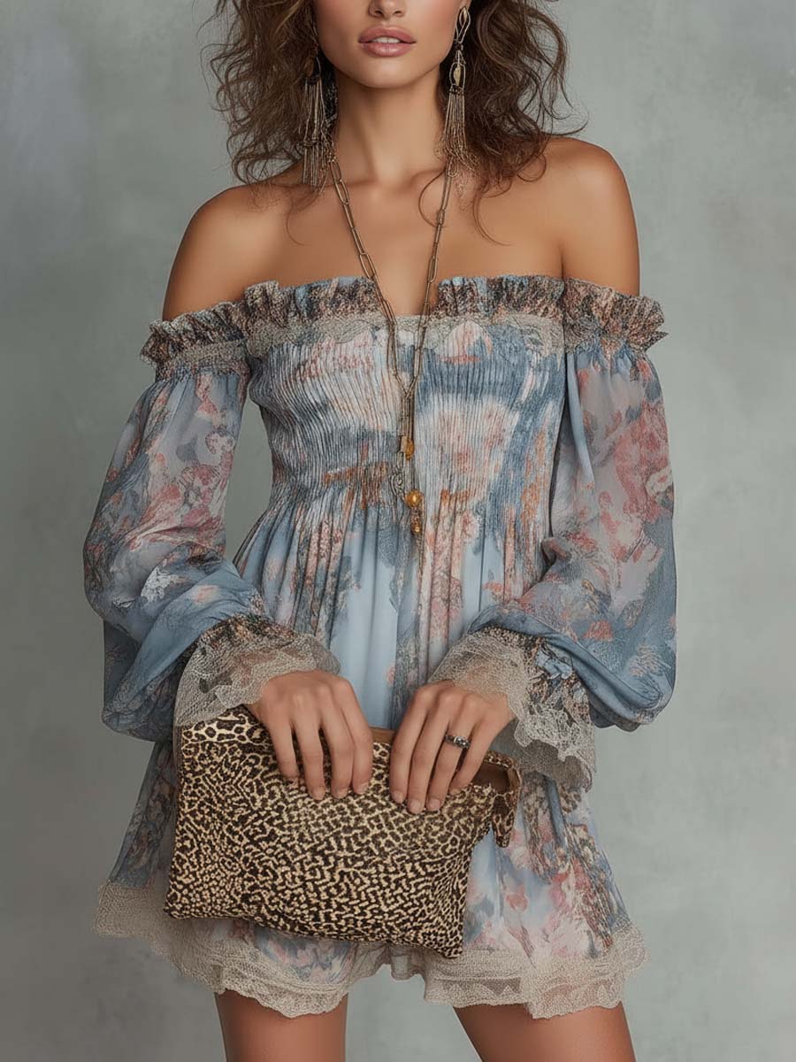Romane | Off-Shoulder Mini Dress in Gathered Chiffon with Romantic Floral Design