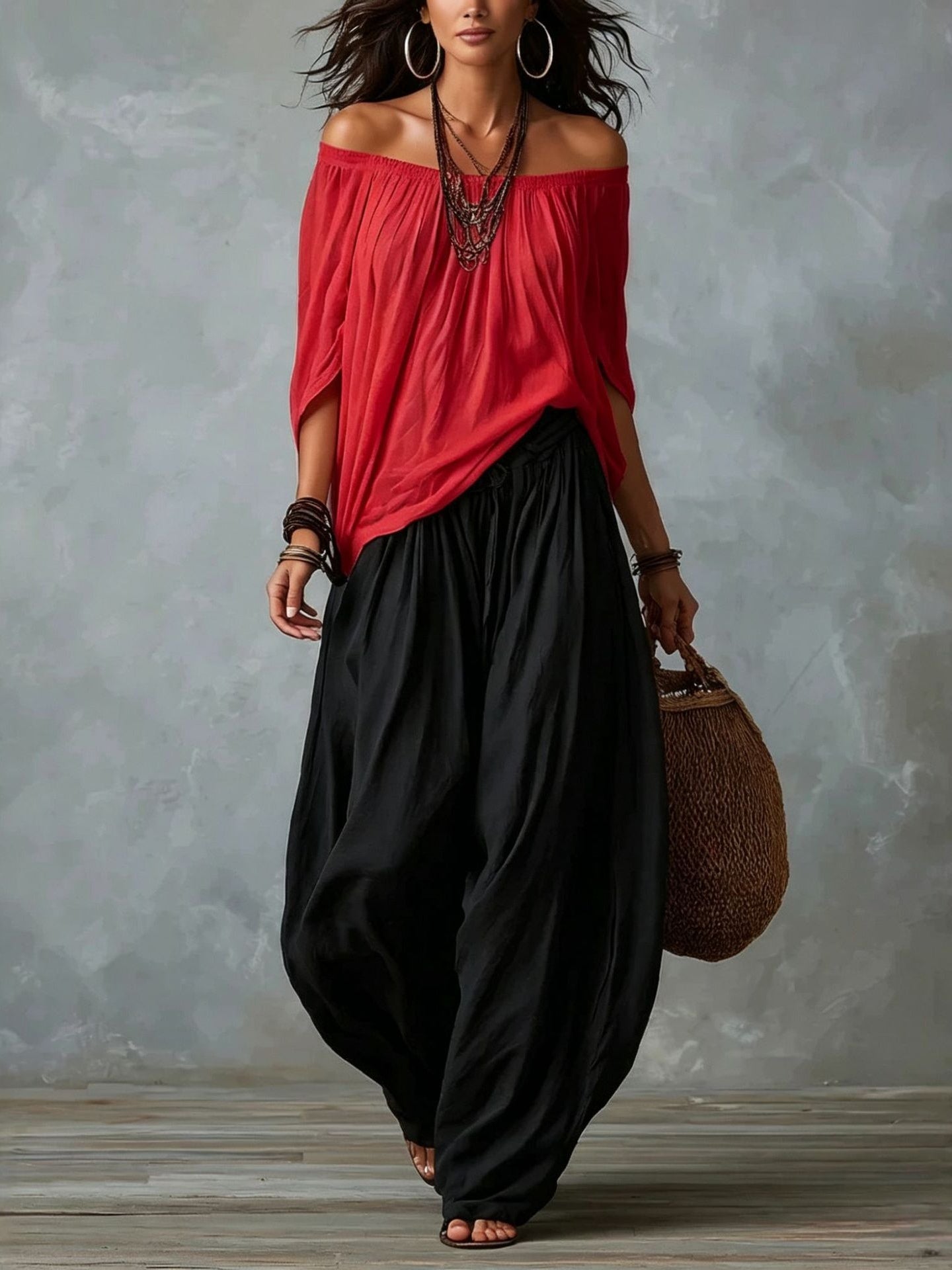 Top White Off-the-shoulder and Wide Lantern Pants