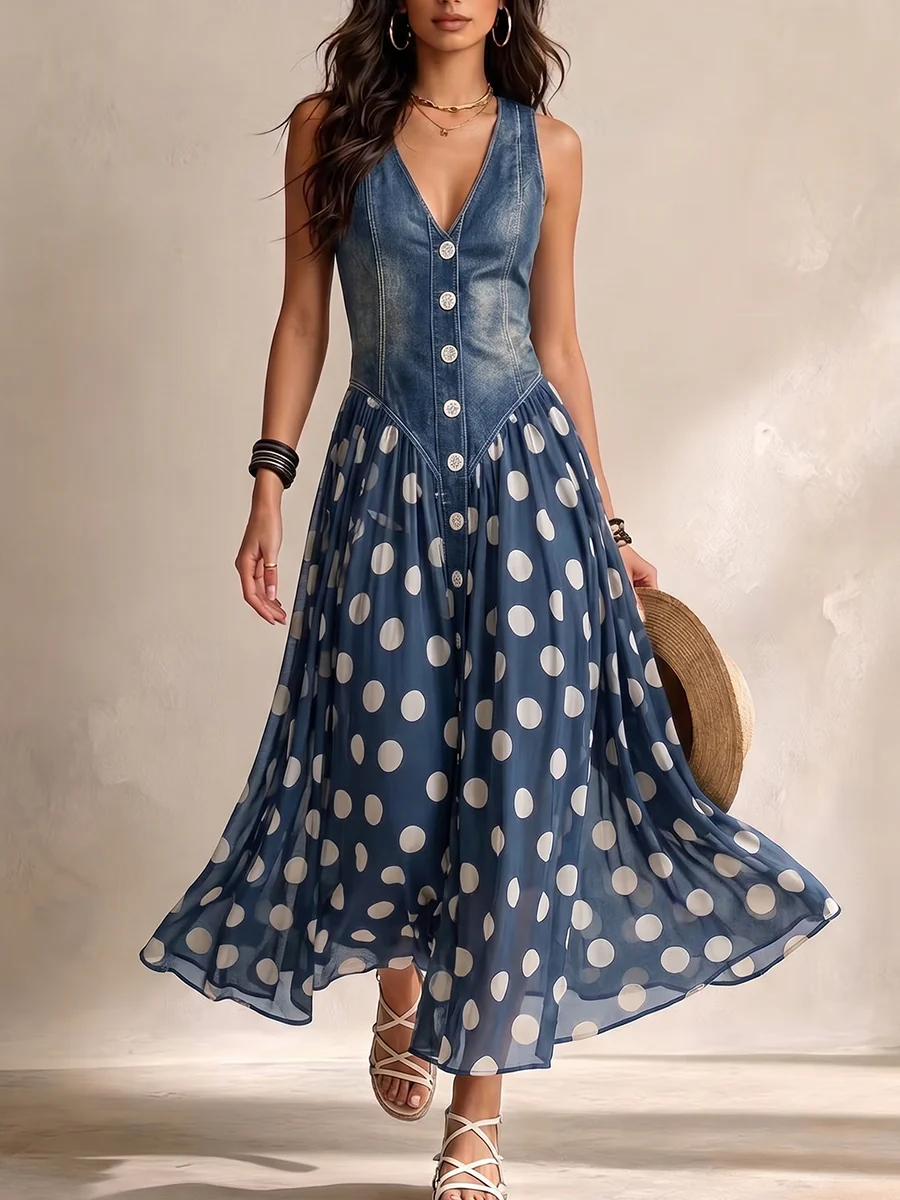 Jasmine | Denim Bodice Polka Dot Chiffon Midi Dress
