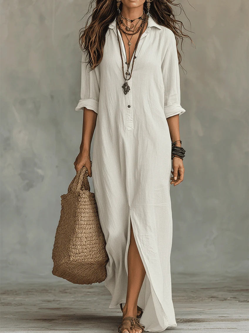 Soline™ | Long Black Maxi Dress with Buttons