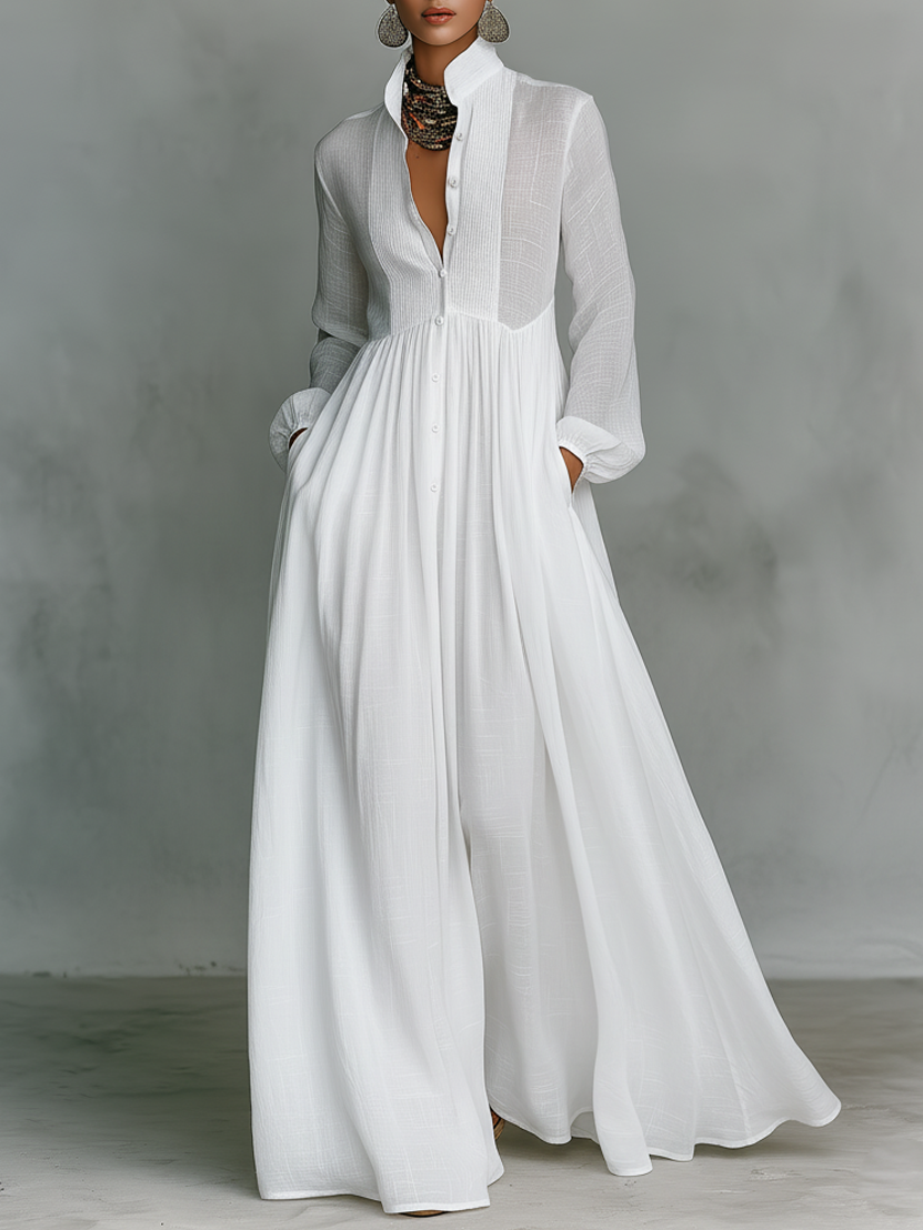 Patchwork Maxi Dress Stand Collar