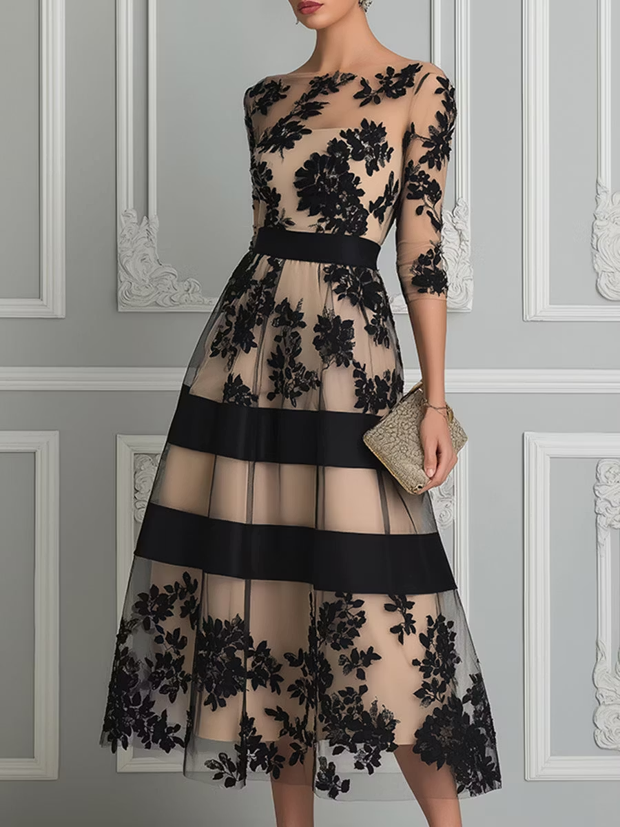 AUBREY | Floral Lace Midi Dress with Sheer Overlay