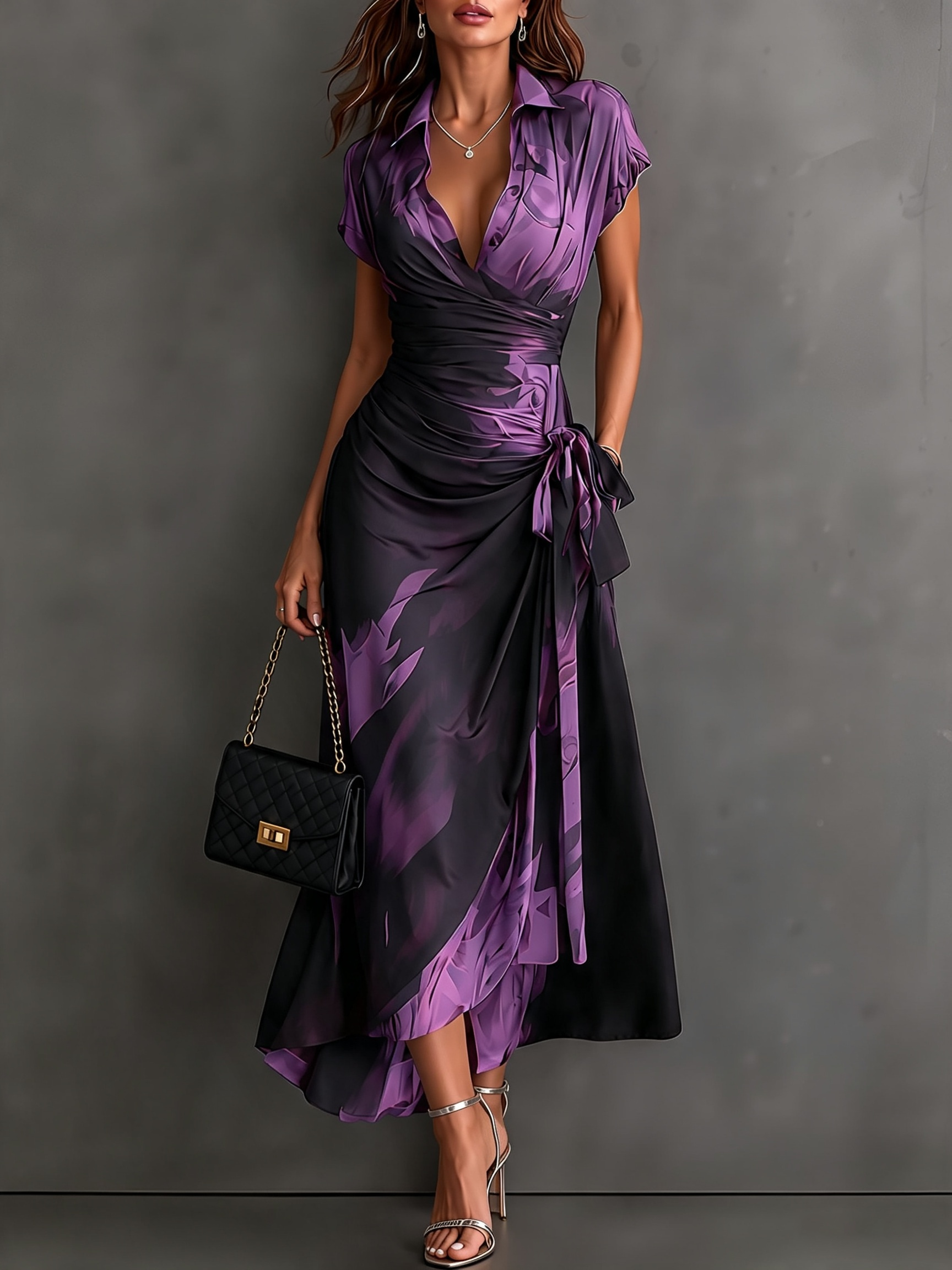 HARPER | Abstract Print Wrap Midi Dress with Tie-Waist Detail