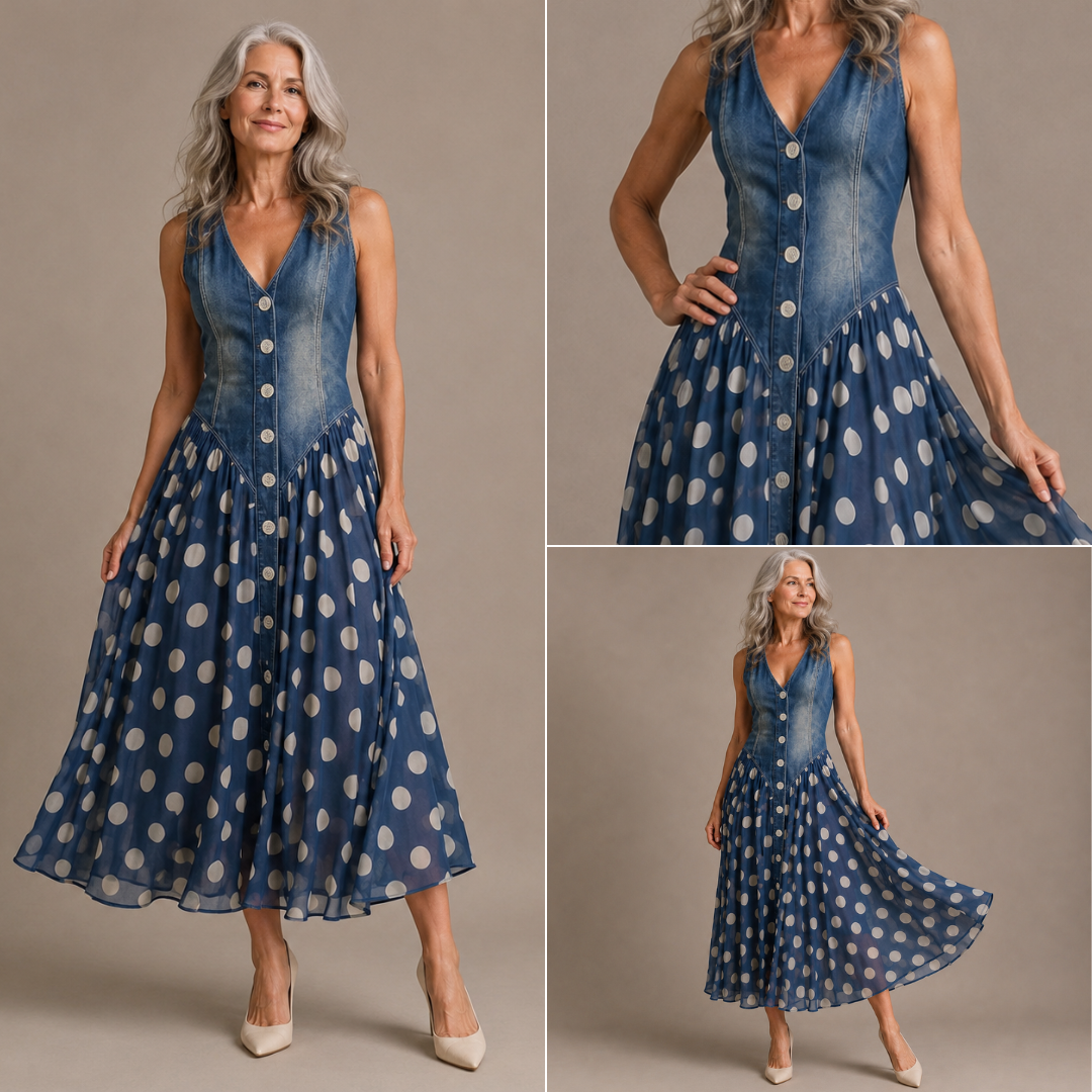 Jasmine | Denim Bodice Polka Dot Chiffon Midi Dress