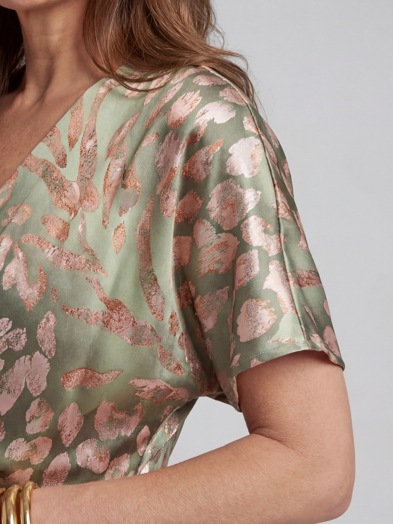 Elodie | Abstract Print V Neck Twist Waist Midi Dress