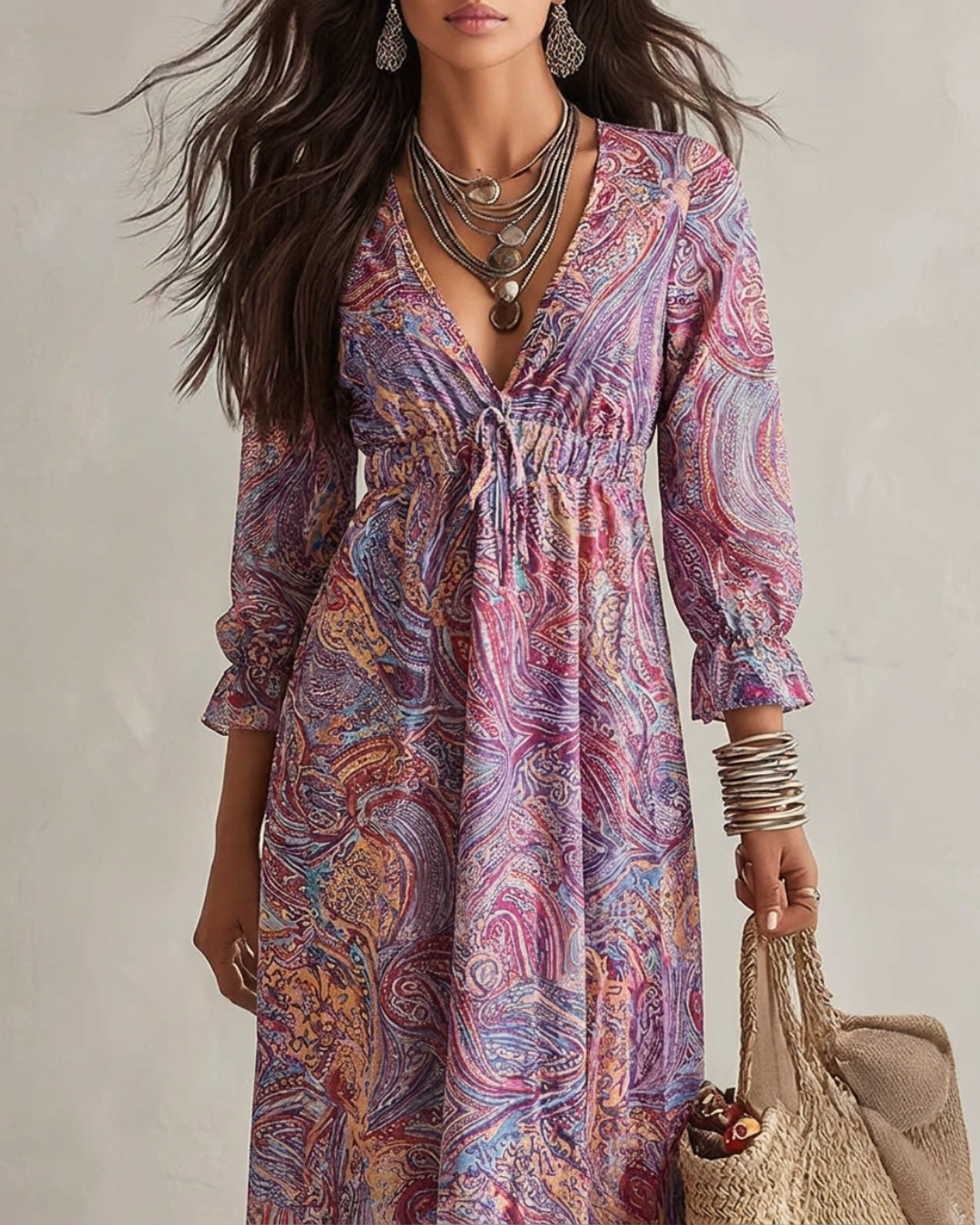 Paisley Print V-neck Gathered Chiffon Maxi Dress