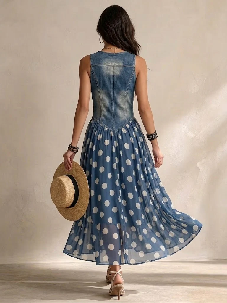 Jasmine | Denim Bodice Polka Dot Chiffon Midi Dress