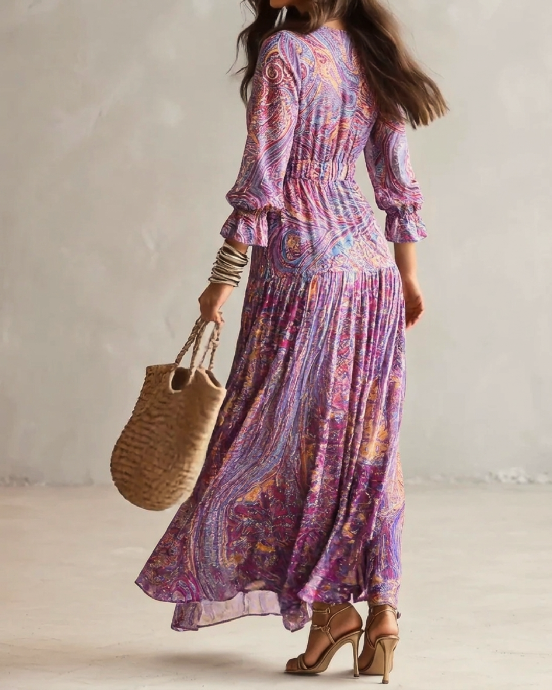Paisley Print V-neck Gathered Chiffon Maxi Dress