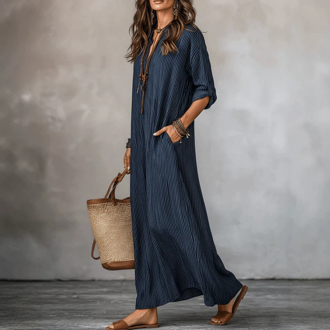 HAVEN | Long Sleeve Maxi Dress V-Neck Striped Style with Side Pockets