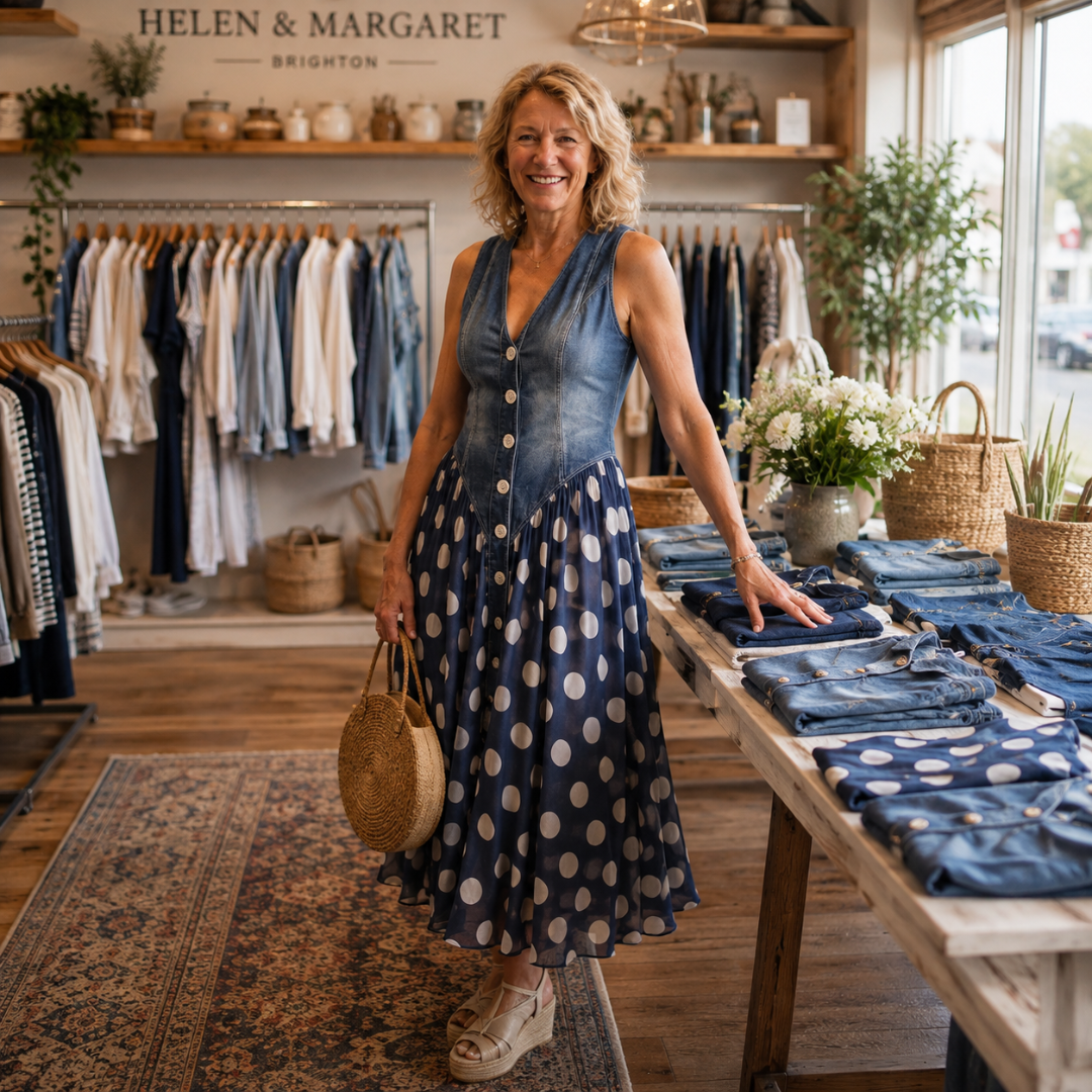 Jasmine | Denim Bodice Polka Dot Chiffon Midi Dress