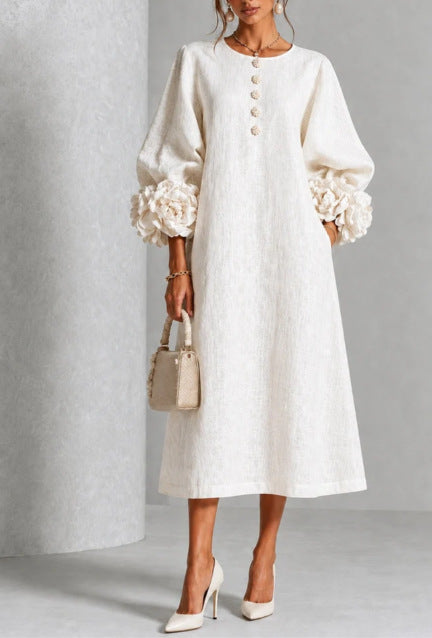 IVY | Floral Midi Dress with Rose-Cuff Sleeves