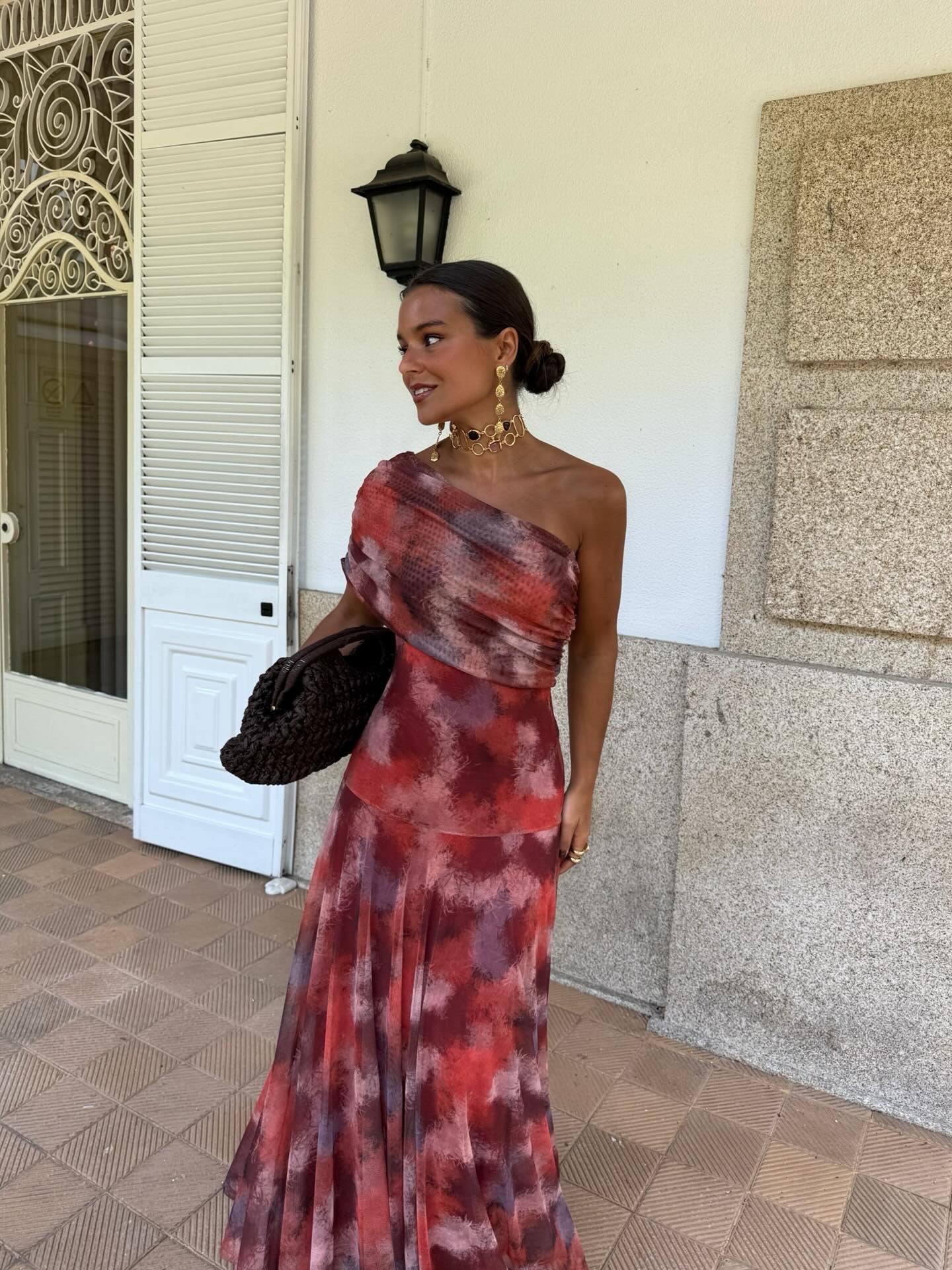 Long watercolor dress with dropped shoulders