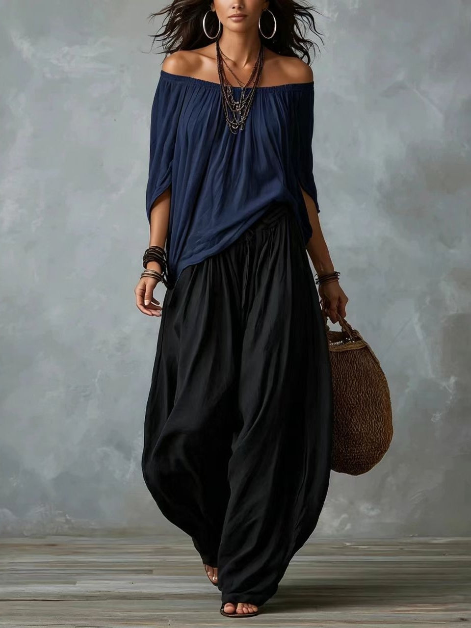 Top White Off-the-shoulder and Wide Lantern Pants