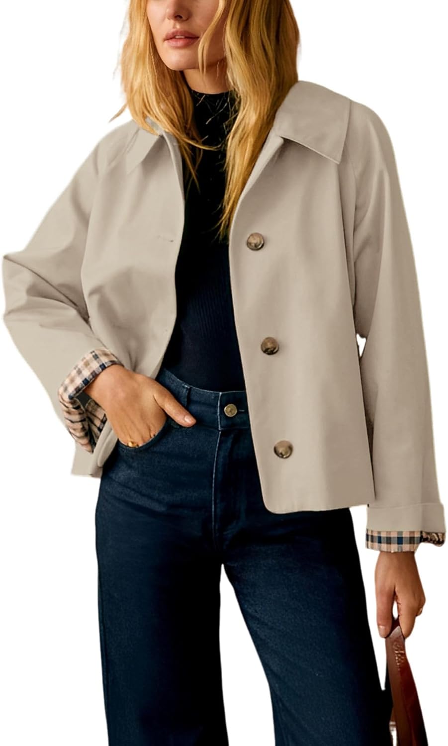RILEY | Oversized Cropped Jacket with Plaid Lining