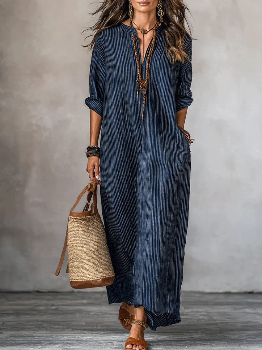 HAVEN | Long Sleeve Maxi Dress V-Neck Striped Style with Side Pockets