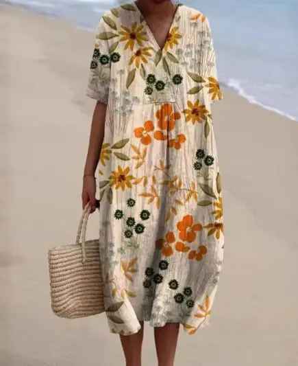 Casual Flowing Dress with Vintage Floral Print