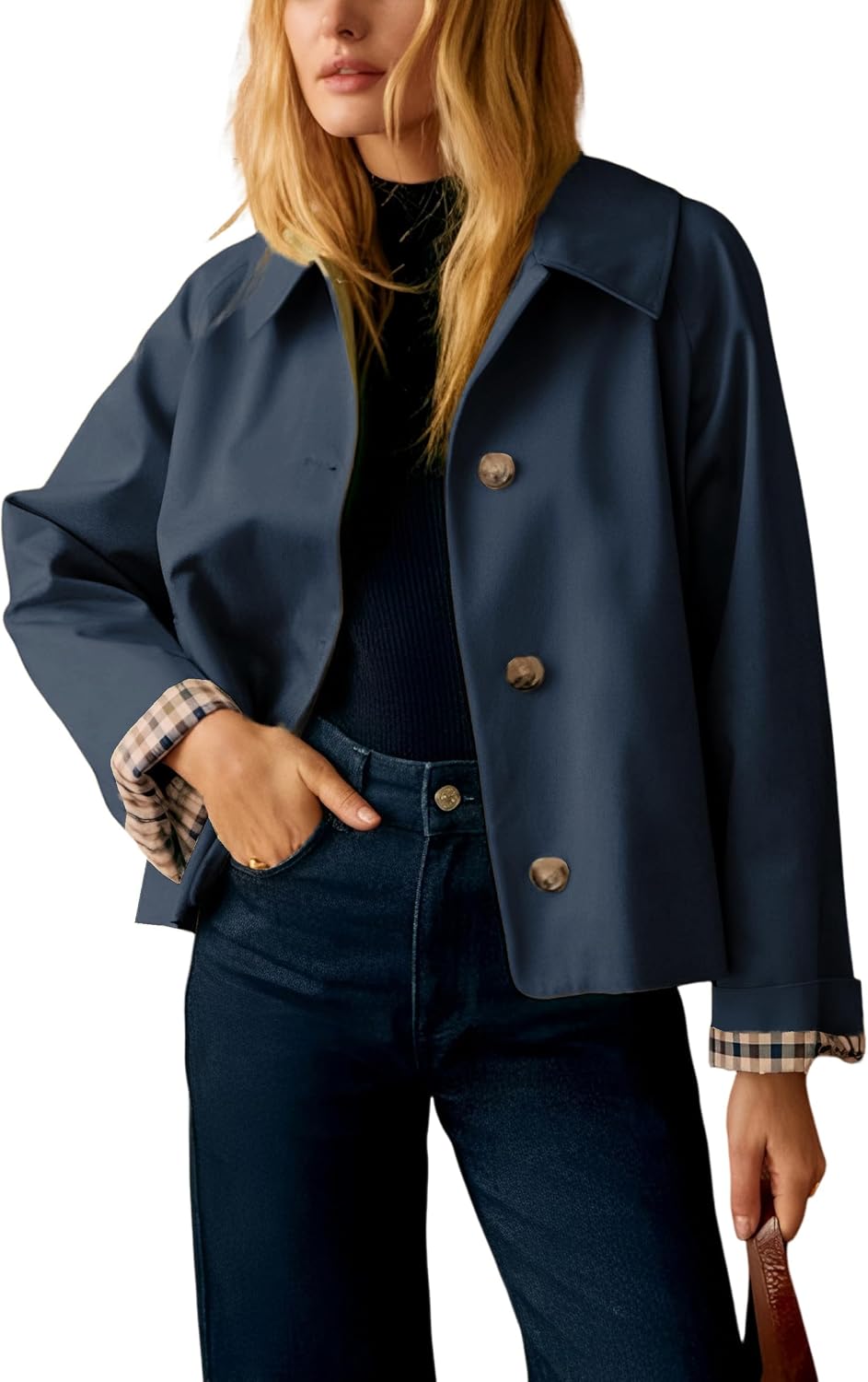 RILEY | Oversized Cropped Jacket with Plaid Lining