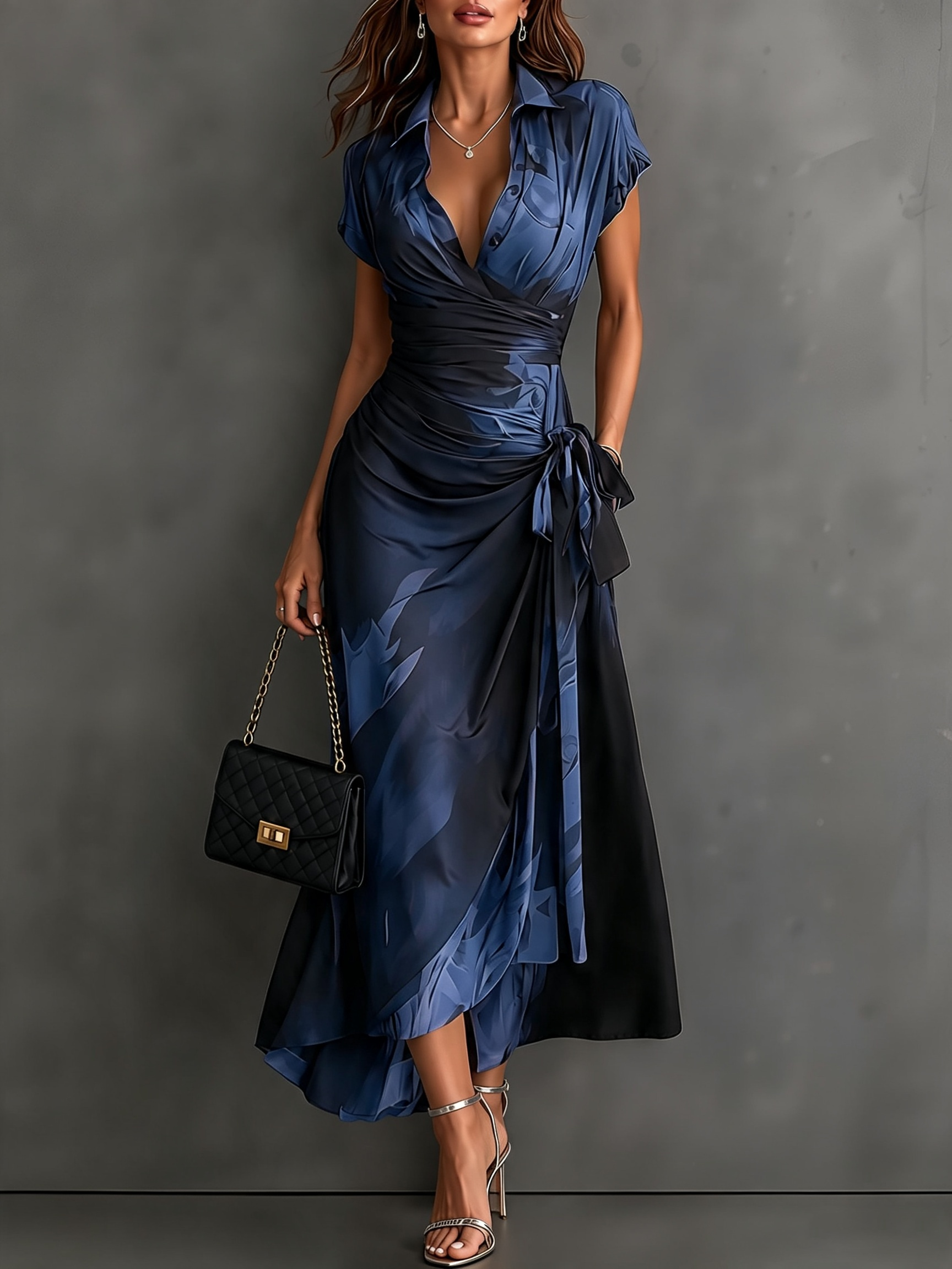 HARPER | Abstract Print Wrap Midi Dress with Tie-Waist Detail