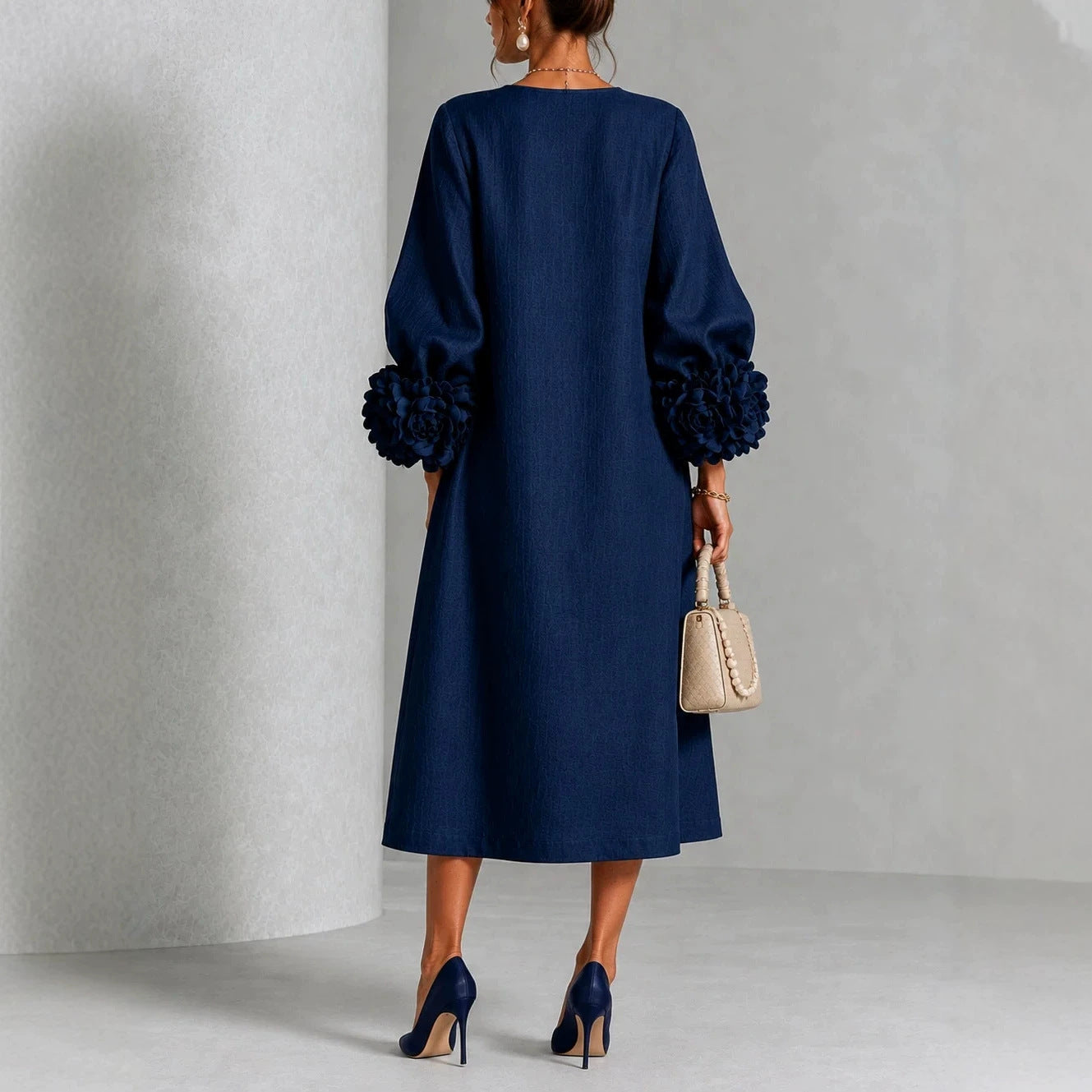 IVY | Floral Midi Dress with Rose-Cuff Sleeves