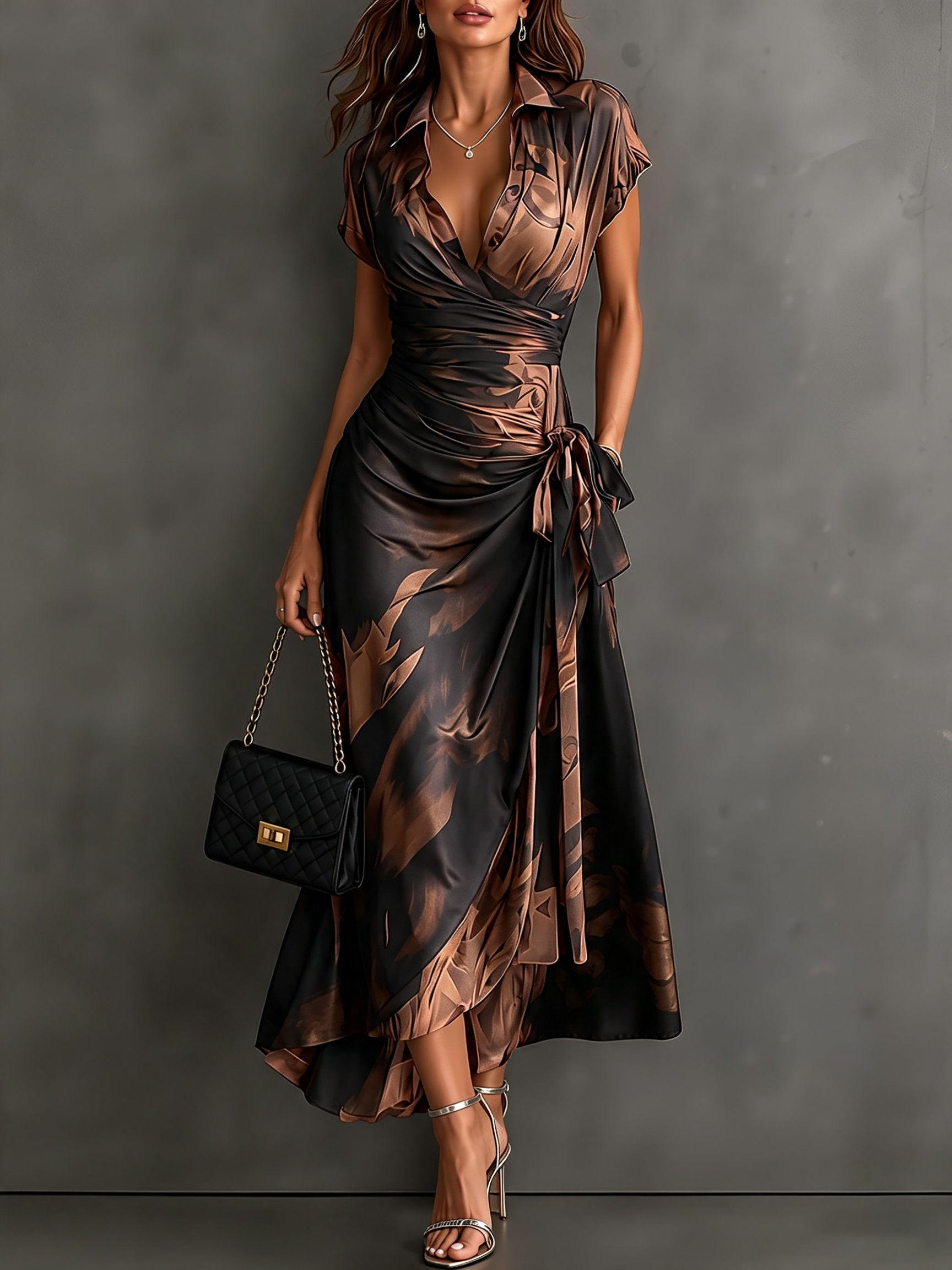 HARPER | Abstract Print Wrap Midi Dress with Tie-Waist Detail