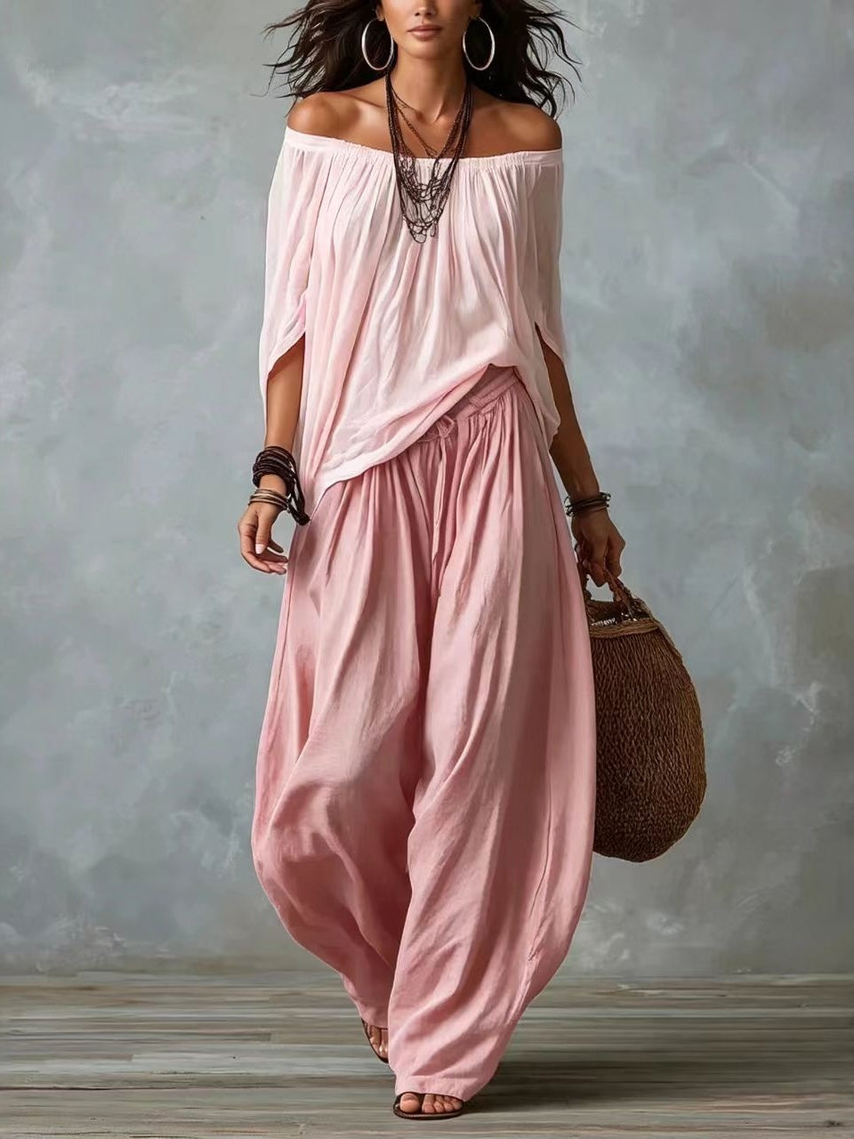 Top White Off-the-shoulder and Wide Lantern Pants