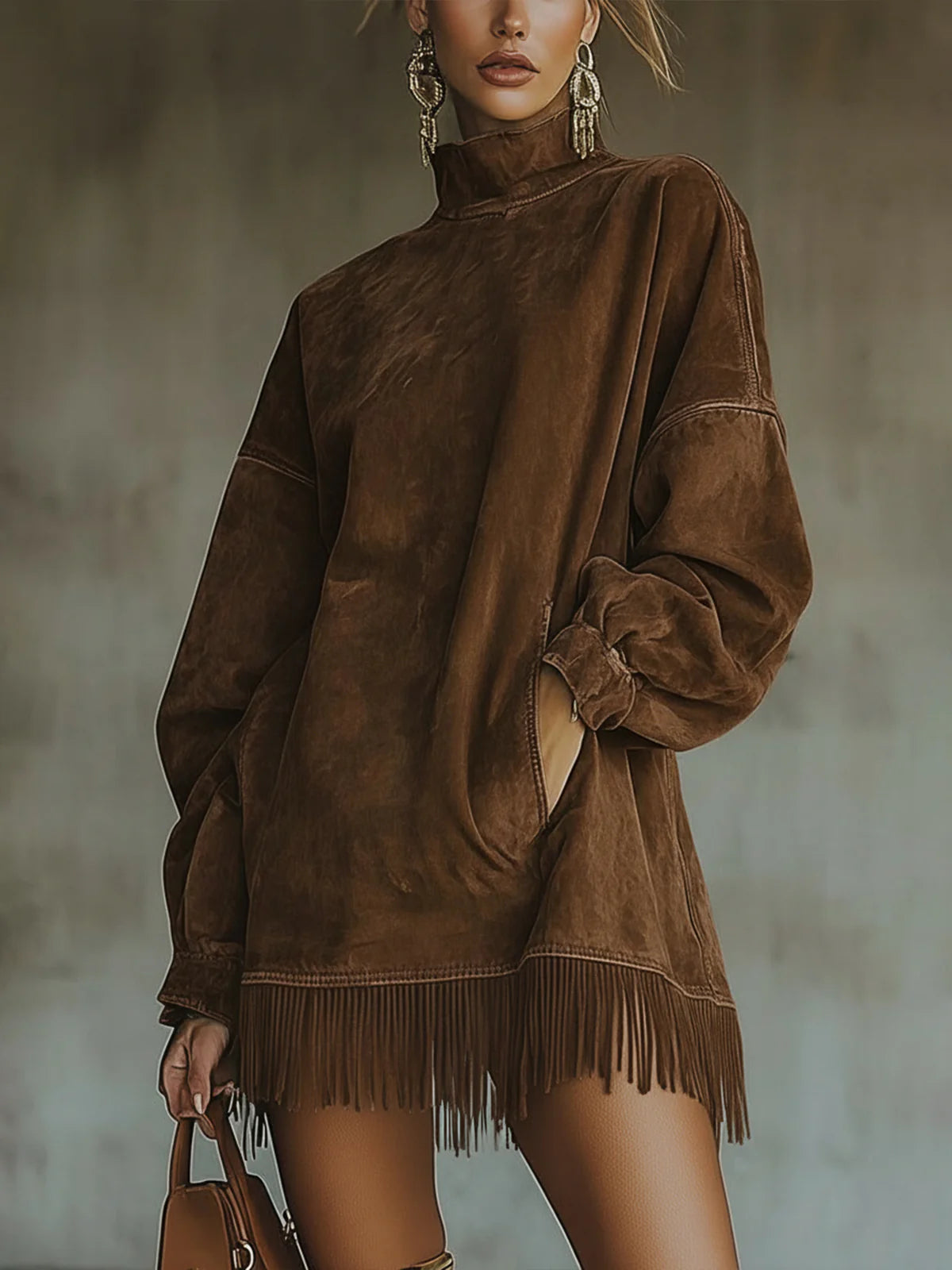 Gabrielle | dress with high collar and fringes