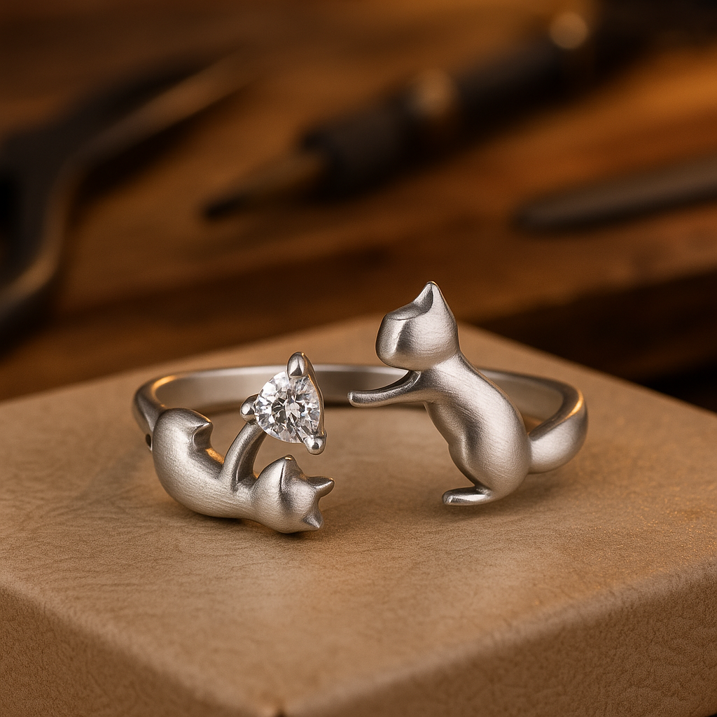 Adjustable sterling silver ring with a playful cat and zirconia