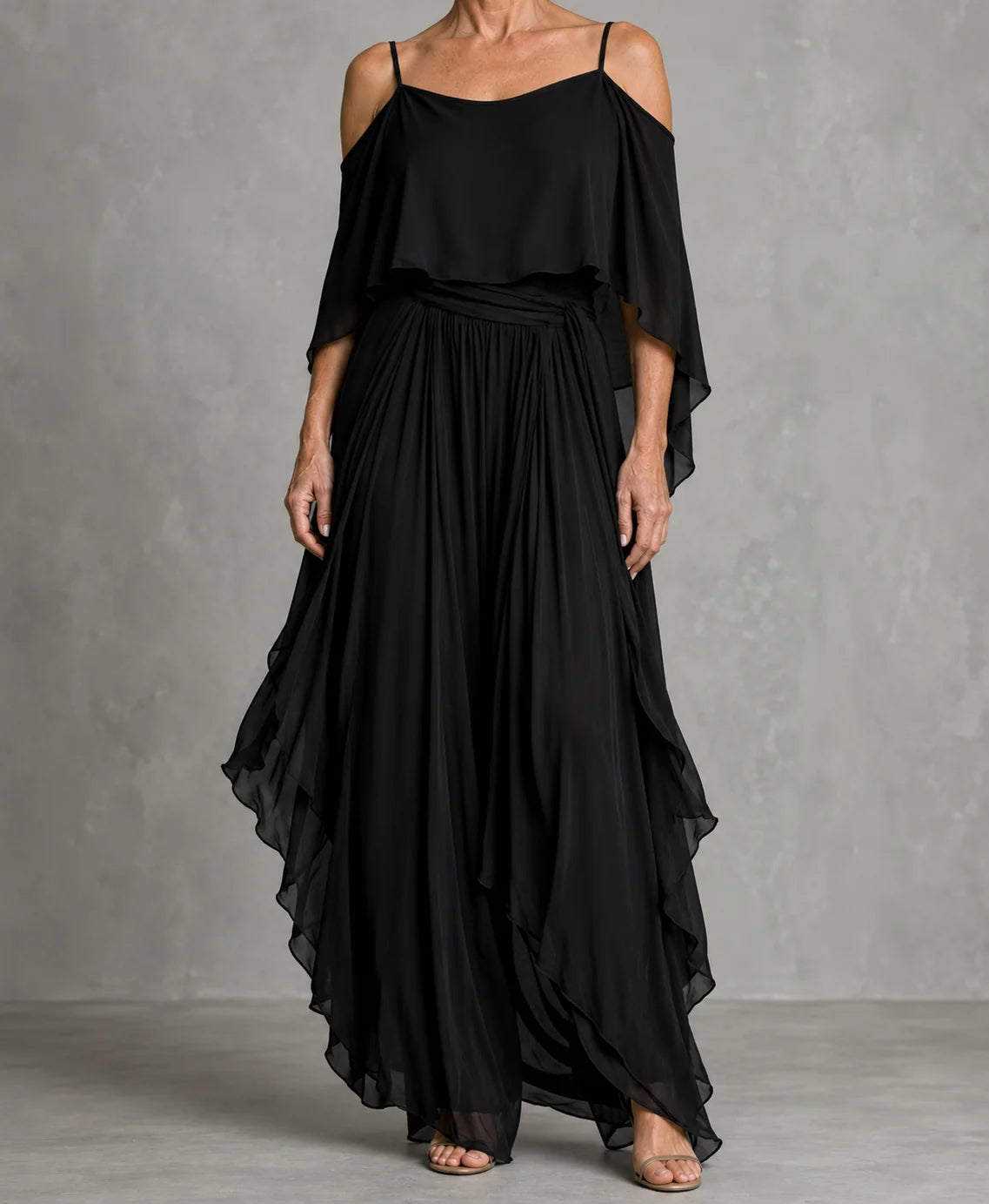Grey off-shoulder flowy camisole and trousers chiffon set