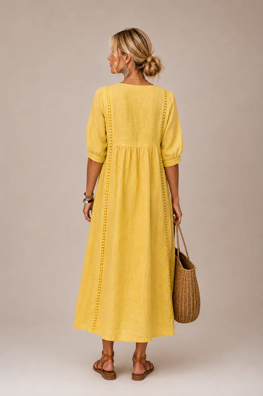 MEADOW | Lace-Trim Midi Dress with Relaxed V-Neck Silhouette