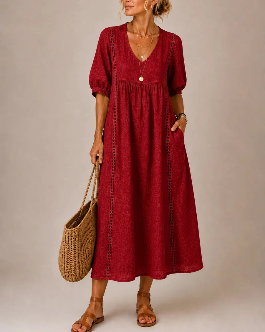MEADOW | Lace-Trim Midi Dress with Relaxed V-Neck Silhouette