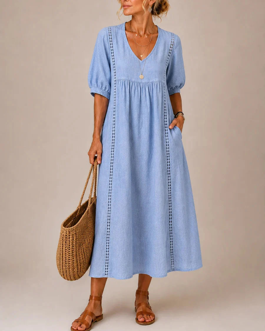 MEADOW | Lace-Trim Midi Dress with Relaxed V-Neck Silhouette