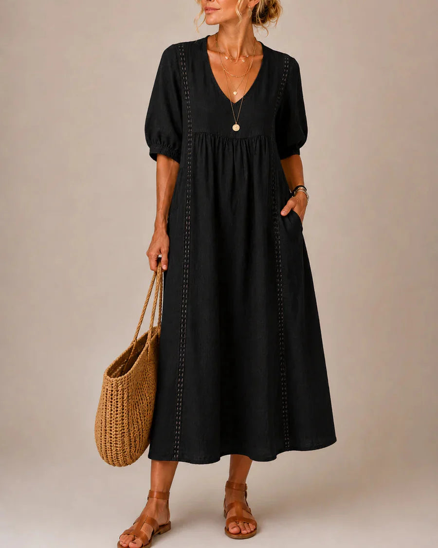 MEADOW | Lace-Trim Midi Dress with Relaxed V-Neck Silhouette