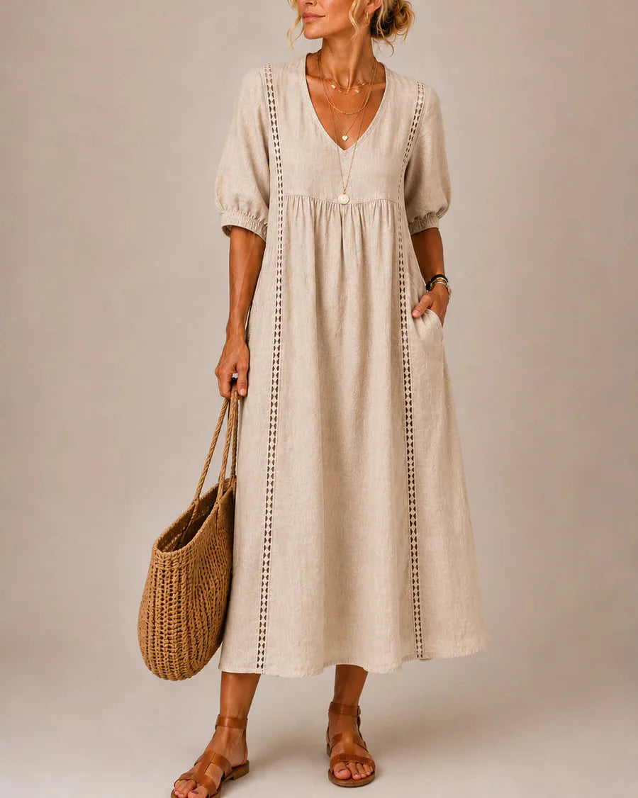 MEADOW | Lace-Trim Midi Dress with Relaxed V-Neck Silhouette