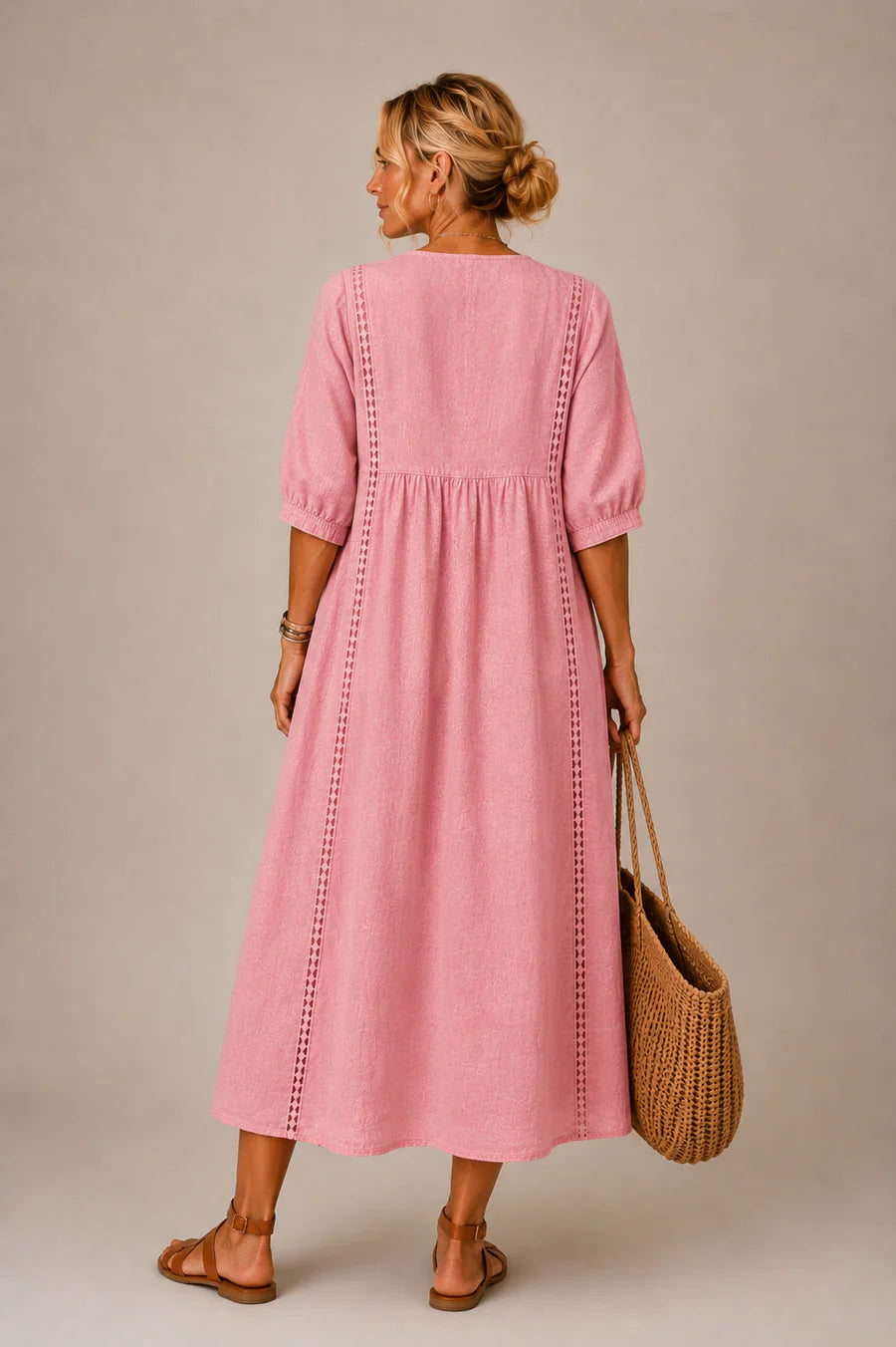 MEADOW | Lace-Trim Midi Dress with Relaxed V-Neck Silhouette